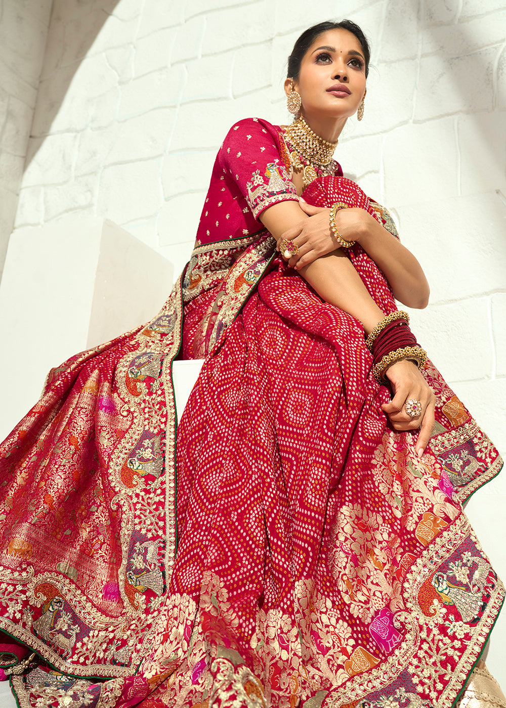 Buy Now Red Moti &amp; Cut-Dana Heavy Bandhej Saree Online in US, UK, Canada, France, Germany, Denmark, Sweden, Australia, Austria, UAE &amp; Worldwide at Empress.