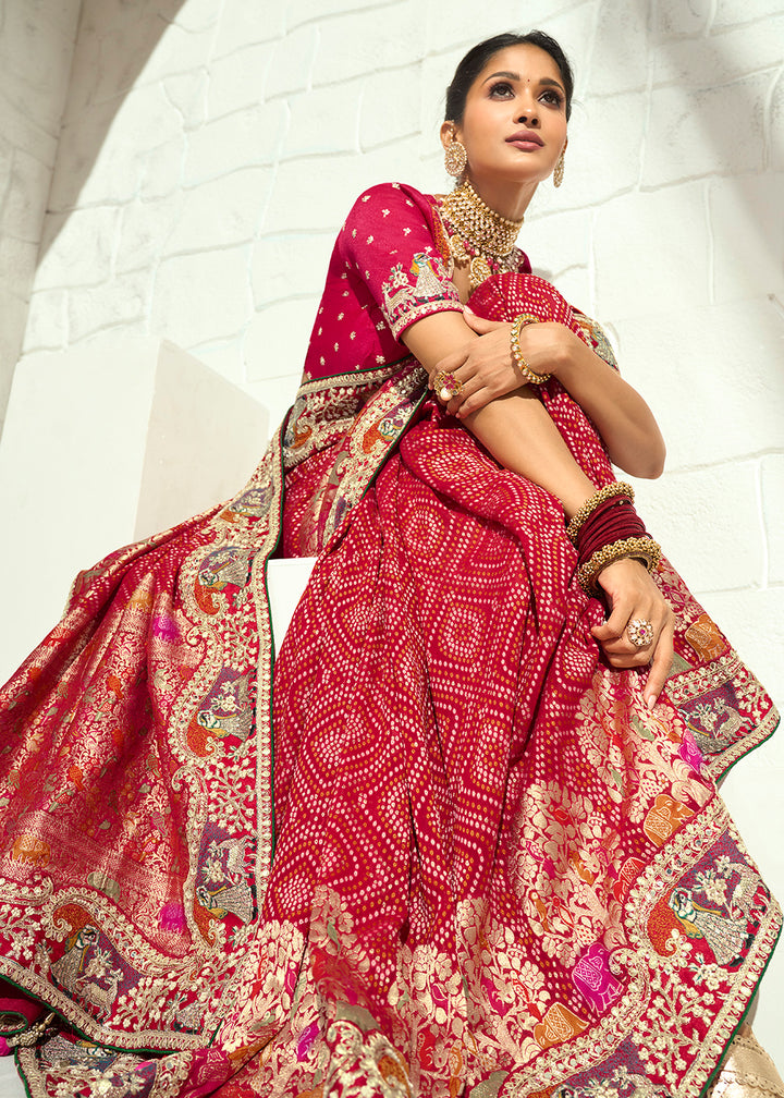 Buy Now Red Moti &amp; Cut-Dana Heavy Bandhej Saree Online in US, UK, Canada, France, Germany, Denmark, Sweden, Australia, Austria, UAE &amp; Worldwide at Empress.