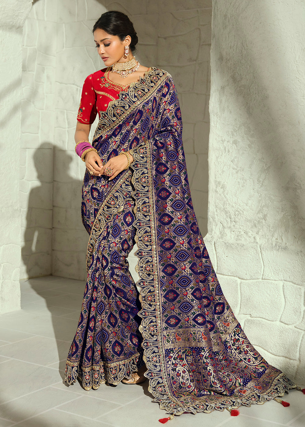 Buy Now Navy Blue Moti & Cut-Dana Heavy Bandhej Saree Online in US, UK, Canada, France, Germany, Denmark, Sweden, Australia, Austria, UAE & Worldwide at Empress.