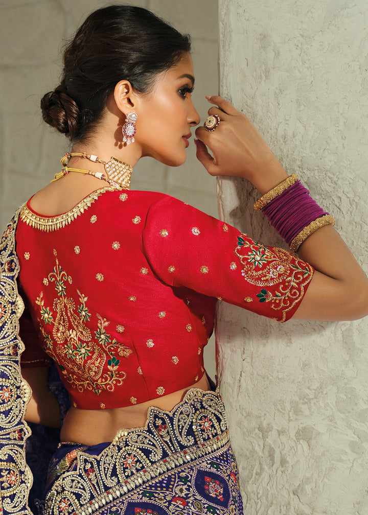 Buy Now Navy Blue Moti &amp; Cut-Dana Heavy Bandhej Saree Online in US, UK, Canada, France, Germany, Denmark, Sweden, Australia, Austria, UAE &amp; Worldwide at Empress.