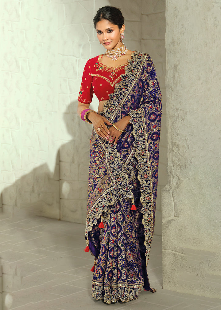 Buy Now Navy Blue Moti &amp; Cut-Dana Heavy Bandhej Saree Online in US, UK, Canada, France, Germany, Denmark, Sweden, Australia, Austria, UAE &amp; Worldwide at Empress.