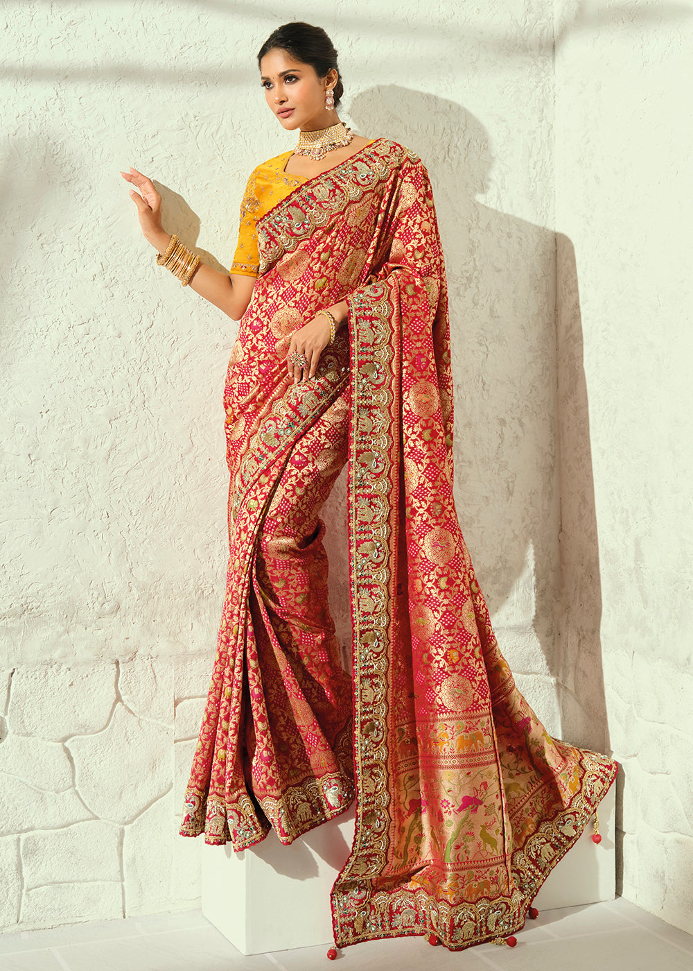 Buy Now Peachy Red Moti & Cut-Dana Heavy Bandhej Saree Online in US, UK, Canada, France, Germany, Denmark, Sweden, Australia, Austria, UAE & Worldwide at Empress.