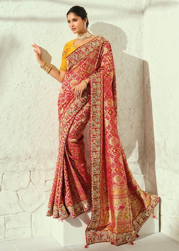 Buy Now Peachy Red Moti &amp; Cut-Dana Heavy Bandhej Saree Online in US, UK, Canada, France, Germany, Denmark, Sweden, Australia, Austria, UAE &amp; Worldwide at Empress.