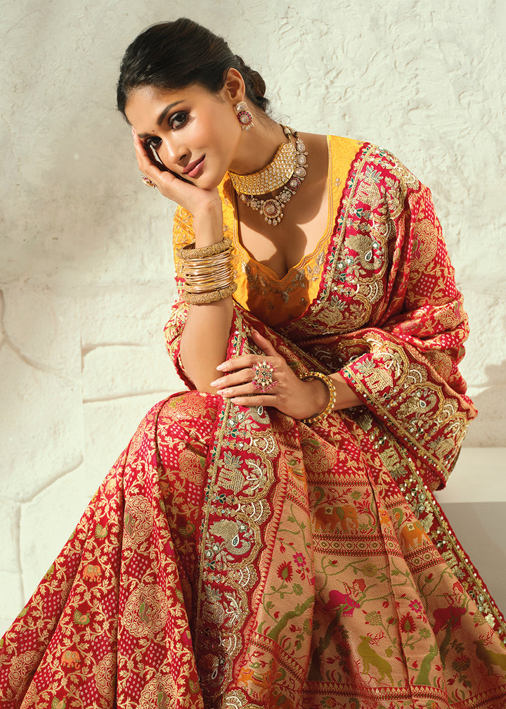 Buy Now Peachy Red Moti &amp; Cut-Dana Heavy Bandhej Saree Online in US, UK, Canada, France, Germany, Denmark, Sweden, Australia, Austria, UAE &amp; Worldwide at Empress.