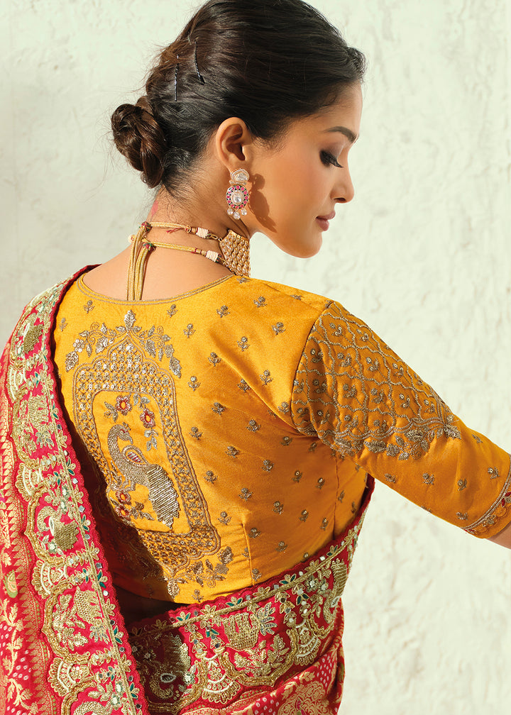 Buy Now Peachy Red Moti &amp; Cut-Dana Heavy Bandhej Saree Online in US, UK, Canada, France, Germany, Denmark, Sweden, Australia, Austria, UAE &amp; Worldwide at Empress.
