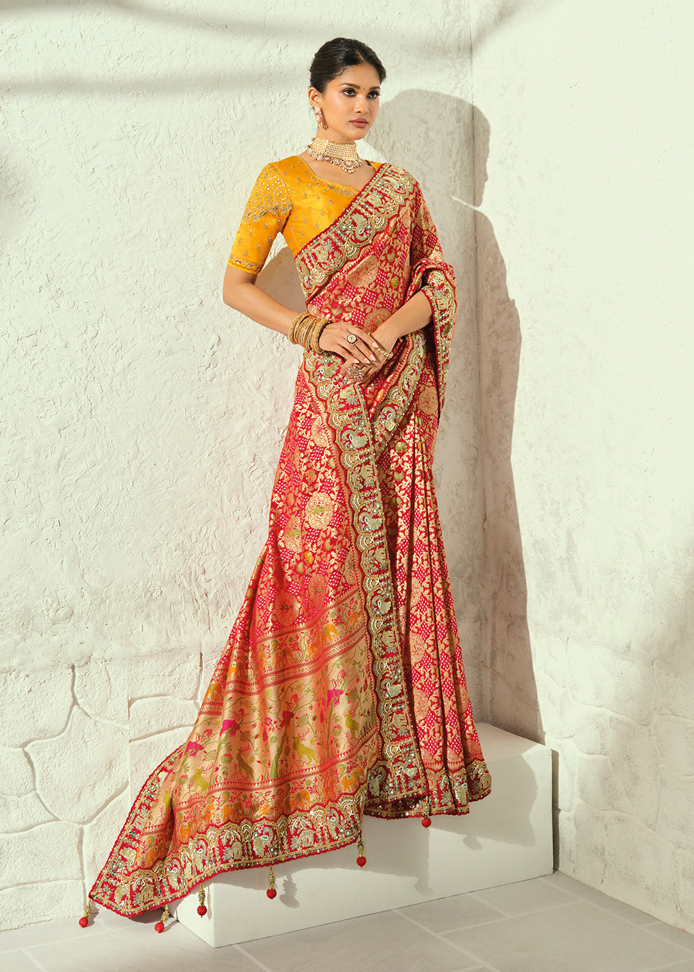 Buy Now Peachy Red Moti &amp; Cut-Dana Heavy Bandhej Saree Online in US, UK, Canada, France, Germany, Denmark, Sweden, Australia, Austria, UAE &amp; Worldwide at Empress.