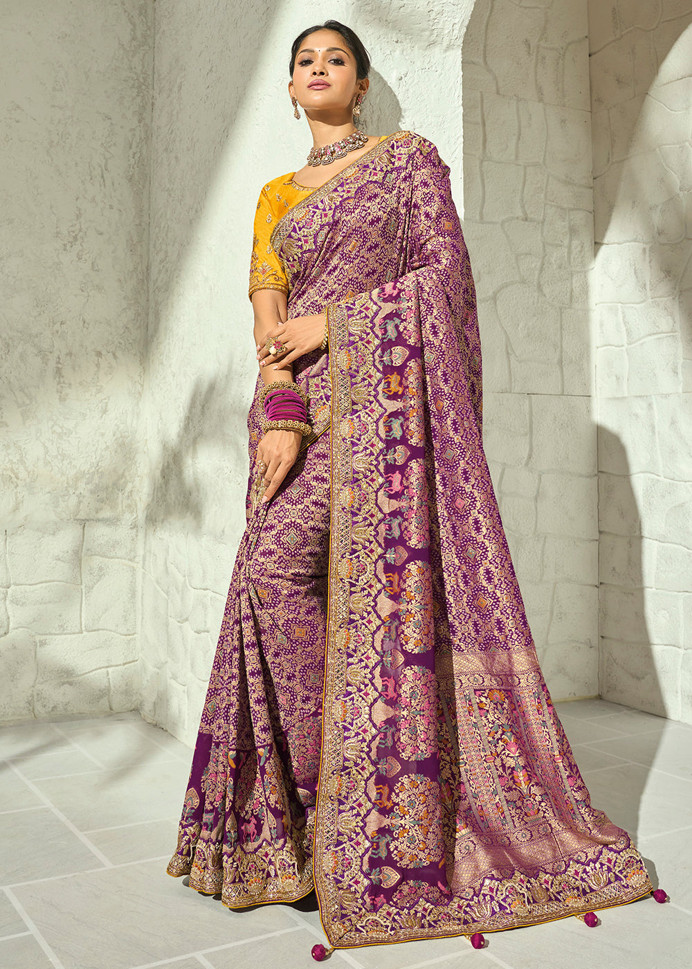Buy Now Purple Moti & Cut-Dana Heavy Bandhej Saree Online in US, UK, Canada, France, Germany, Denmark, Sweden, Australia, Austria, UAE & Worldwide at Empress.