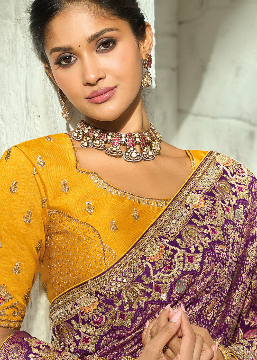 Buy Now Purple Moti &amp; Cut-Dana Heavy Bandhej Saree Online in US, UK, Canada, France, Germany, Denmark, Sweden, Australia, Austria, UAE &amp; Worldwide at Empress.