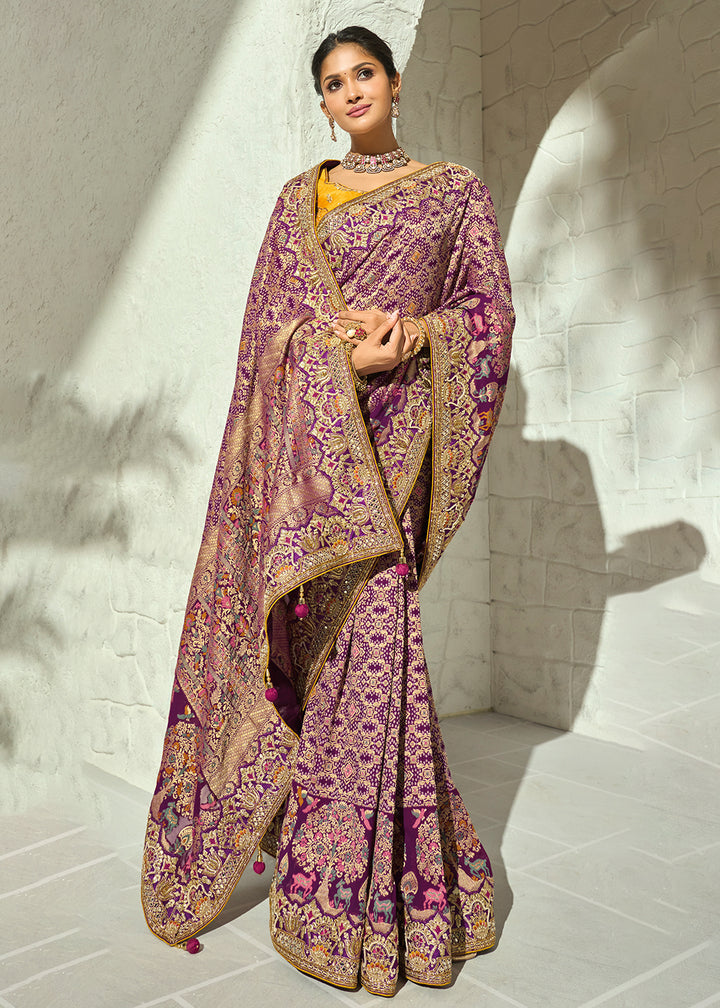 Buy Now Purple Moti &amp; Cut-Dana Heavy Bandhej Saree Online in US, UK, Canada, France, Germany, Denmark, Sweden, Australia, Austria, UAE &amp; Worldwide at Empress.