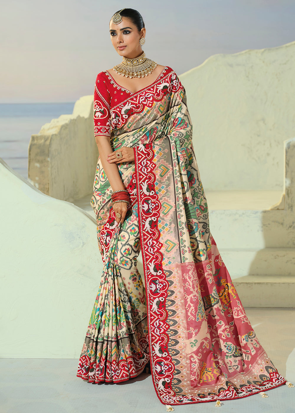 Buy Now Regal Cream Patan Patola Style Traditional Wear Saree Set  Online in US, UK, Canada, France, Germany, Denmark, Sweden, Austria & Worldwide at Empress.