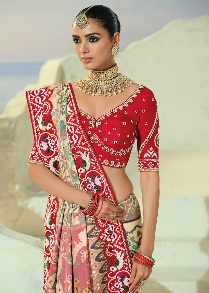 Buy Now Regal Cream Patan Patola Style Traditional Wear Saree Set  Online in US, UK, Canada, France, Germany, Denmark, Sweden, Austria &amp; Worldwide at Empress.