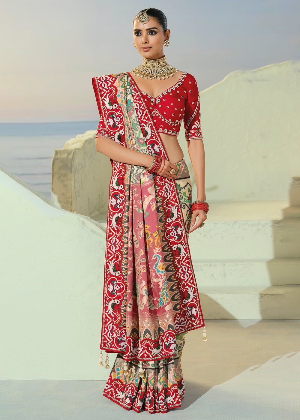 Buy Now Regal Cream Patan Patola Style Traditional Wear Saree Set  Online in US, UK, Canada, France, Germany, Denmark, Sweden, Austria &amp; Worldwide at Empress.