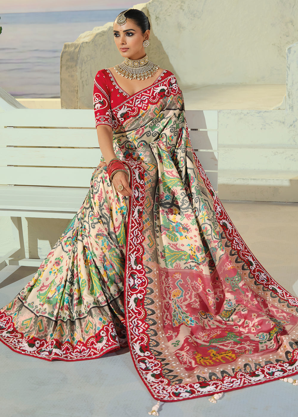 Buy Now Regal Cream Patan Patola Style Traditional Wear Saree Set  Online in US, UK, Canada, France, Germany, Denmark, Sweden, Austria &amp; Worldwide at Empress.