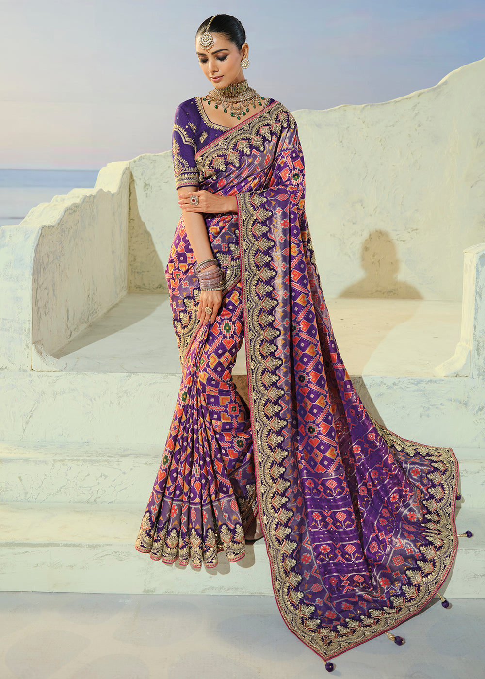 Buy Now Royal Purple Patan Patola Style Traditional Wear Saree Set Online in US, UK, Canada, France, Germany, Denmark, Sweden, Austria & Worldwide at Empress.
