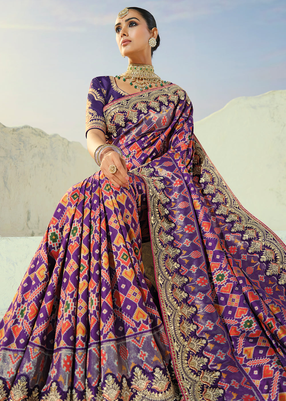 Buy Now Royal Purple Patan Patola Style Traditional Wear Saree Set Online in US, UK, Canada, France, Germany, Denmark, Sweden, Austria & Worldwide at Empress.