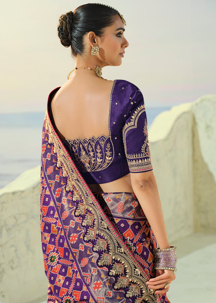 Buy Now Royal Purple Patan Patola Style Traditional Wear Saree Set Online in US, UK, Canada, France, Germany, Denmark, Sweden, Austria &amp; Worldwide at Empress.