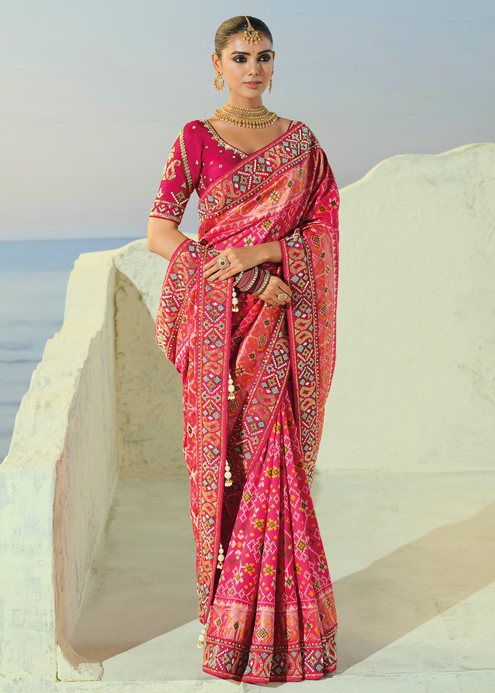 Buy Now Royal Rani Patan Patola Style Traditional Wear Saree Set Online in US, UK, Canada, France, Germany, Denmark, Sweden, Austria &amp; Worldwide at Empress.