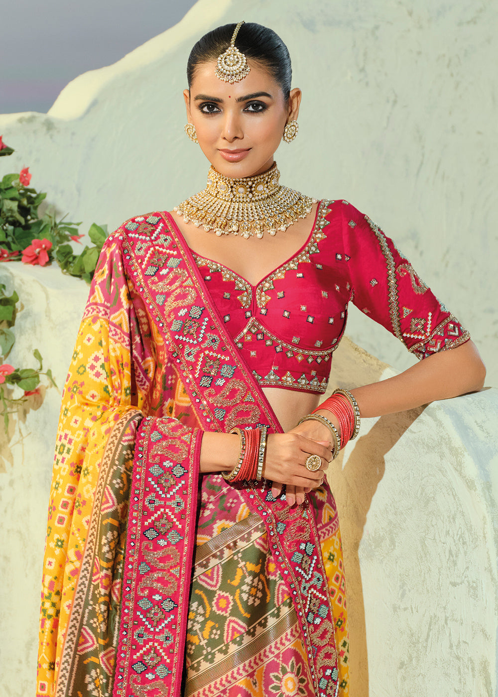 Buy Now Royal Yellow Patan Patola Style Traditional Wear Saree Set Online in US, UK, Canada, France, Germany, Denmark, Sweden, Austria &amp; Worldwide at Empress.