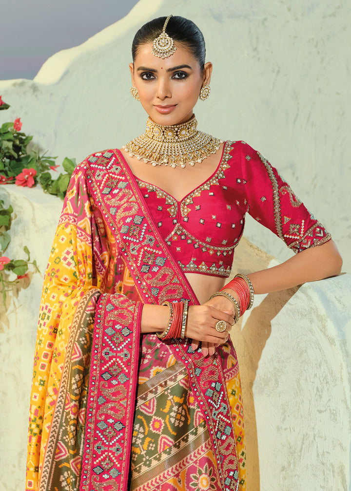 Buy Now Royal Yellow Patan Patola Style Traditional Wear Saree Set Online in US, UK, Canada, France, Germany, Denmark, Sweden, Austria &amp; Worldwide at Empress.