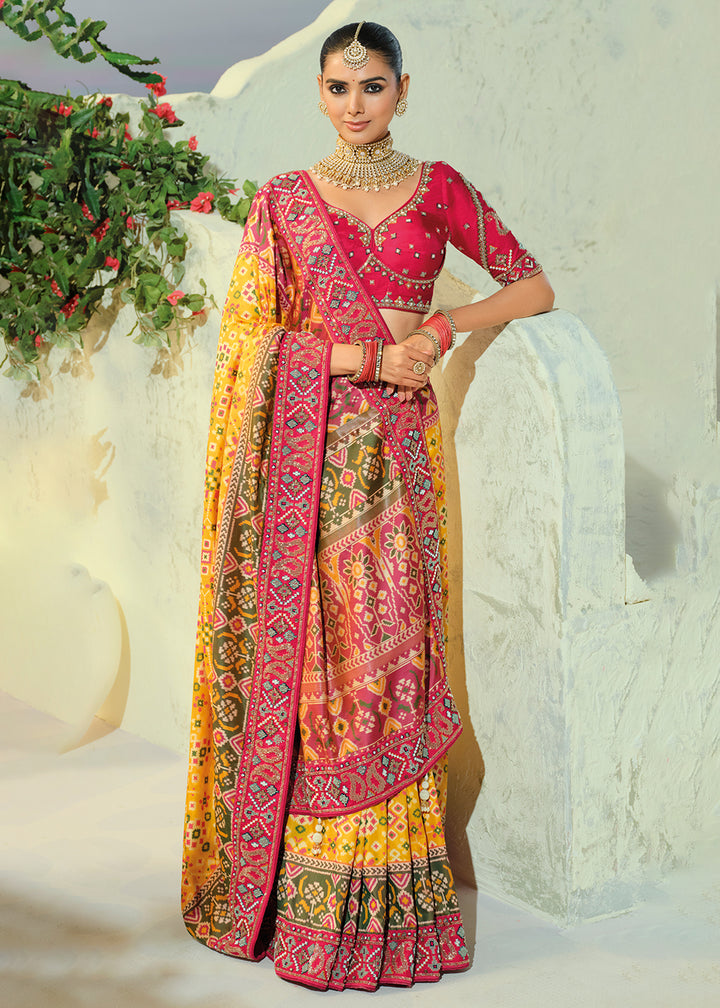 Buy Now Royal Yellow Patan Patola Style Traditional Wear Saree Set Online in US, UK, Canada, France, Germany, Denmark, Sweden, Austria &amp; Worldwide at Empress.