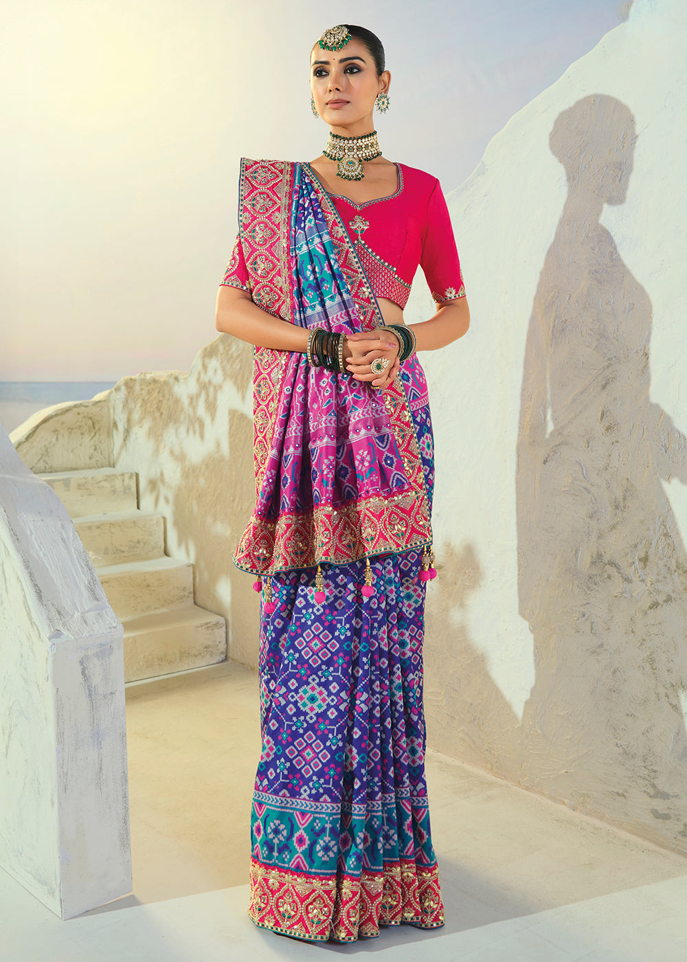Buy Now Royal Rama Patan Patola Style Traditional Wear Saree Set Online in US, UK, Canada, France, Germany, Denmark, Sweden, Austria &amp; Worldwide at Empress.