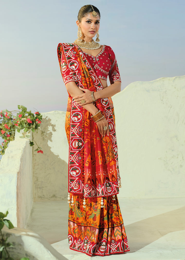 Buy Now Royal Orange Patan Patola Style Traditional Wear Saree Set Online in US, UK, Canada, France, Germany, Denmark, Sweden, Austria &amp; Worldwide at Empress.