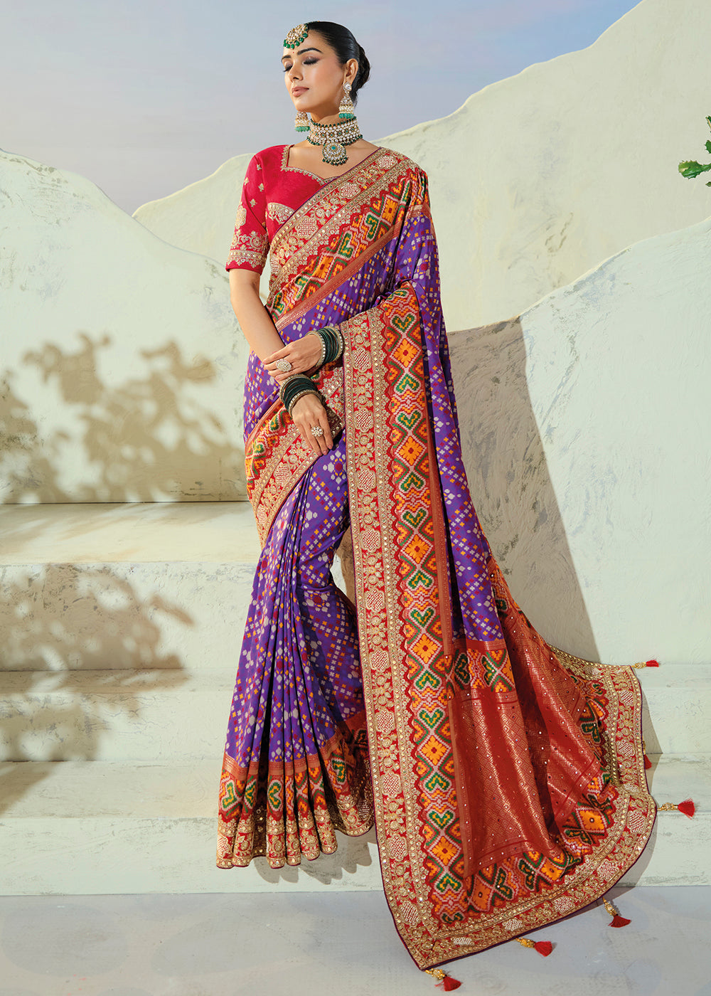 Buy Now Divine Purple Patan Patola Style Traditional Wear Saree Set Online in US, UK, Canada, France, Germany, Denmark, Sweden, Austria & Worldwide at Empress.