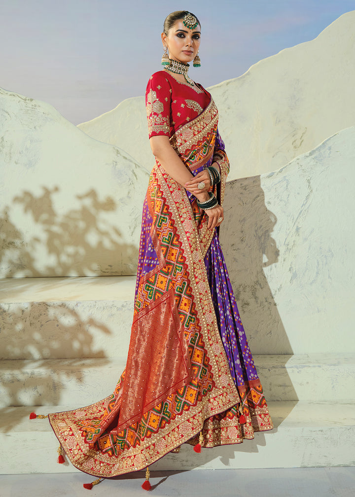 Buy Now Divine Purple Patan Patola Style Traditional Wear Saree Set Online in US, UK, Canada, France, Germany, Denmark, Sweden, Austria &amp; Worldwide at Empress.