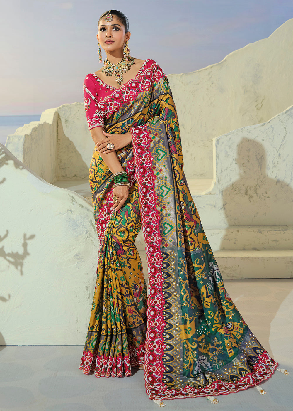 Buy Now Divine Mustard Patan Patola Style Traditional Wear Saree Set Online in US, UK, Canada, France, Germany, Denmark, Sweden, Austria & Worldwide at Empress.
