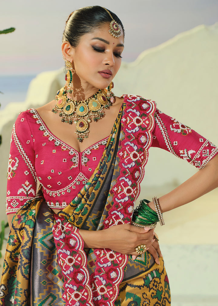 Buy Now Divine Mustard Patan Patola Style Traditional Wear Saree Set Online in US, UK, Canada, France, Germany, Denmark, Sweden, Austria &amp; Worldwide at Empress.