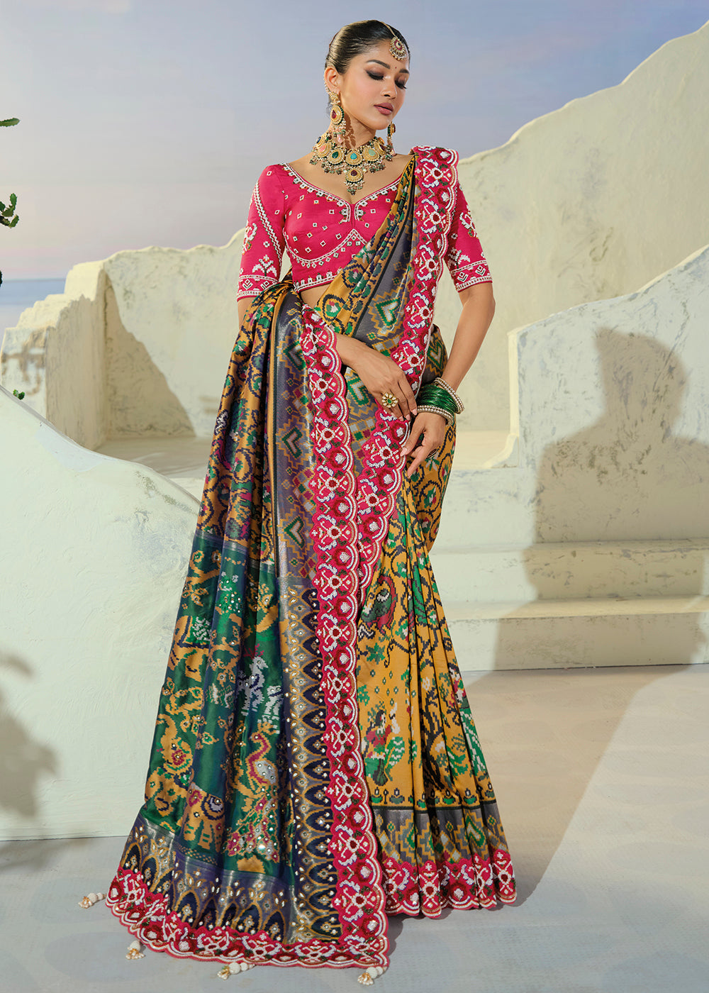 Buy Now Divine Mustard Patan Patola Style Traditional Wear Saree Set Online in US, UK, Canada, France, Germany, Denmark, Sweden, Austria &amp; Worldwide at Empress.