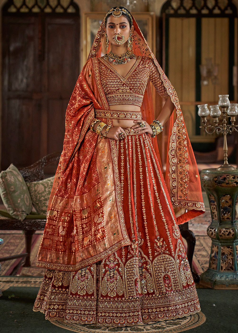 Buy Now Rust Orange Sabyasachi Inspired Bridal Silk Lehenga Choli Online in US, UK, Canada, France, Italy, Germany, Austria, Denmark & Worldwide at Empress.