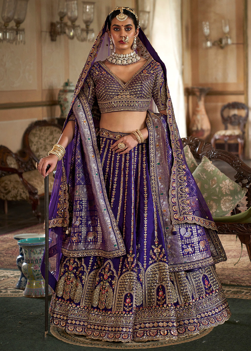 Buy Now Violet Purple Sabyasachi Inspired Bridal Silk Lehenga Choli Online in US, UK, Canada, France, Italy, Germany, Austria, Denmark & Worldwide at Empress.