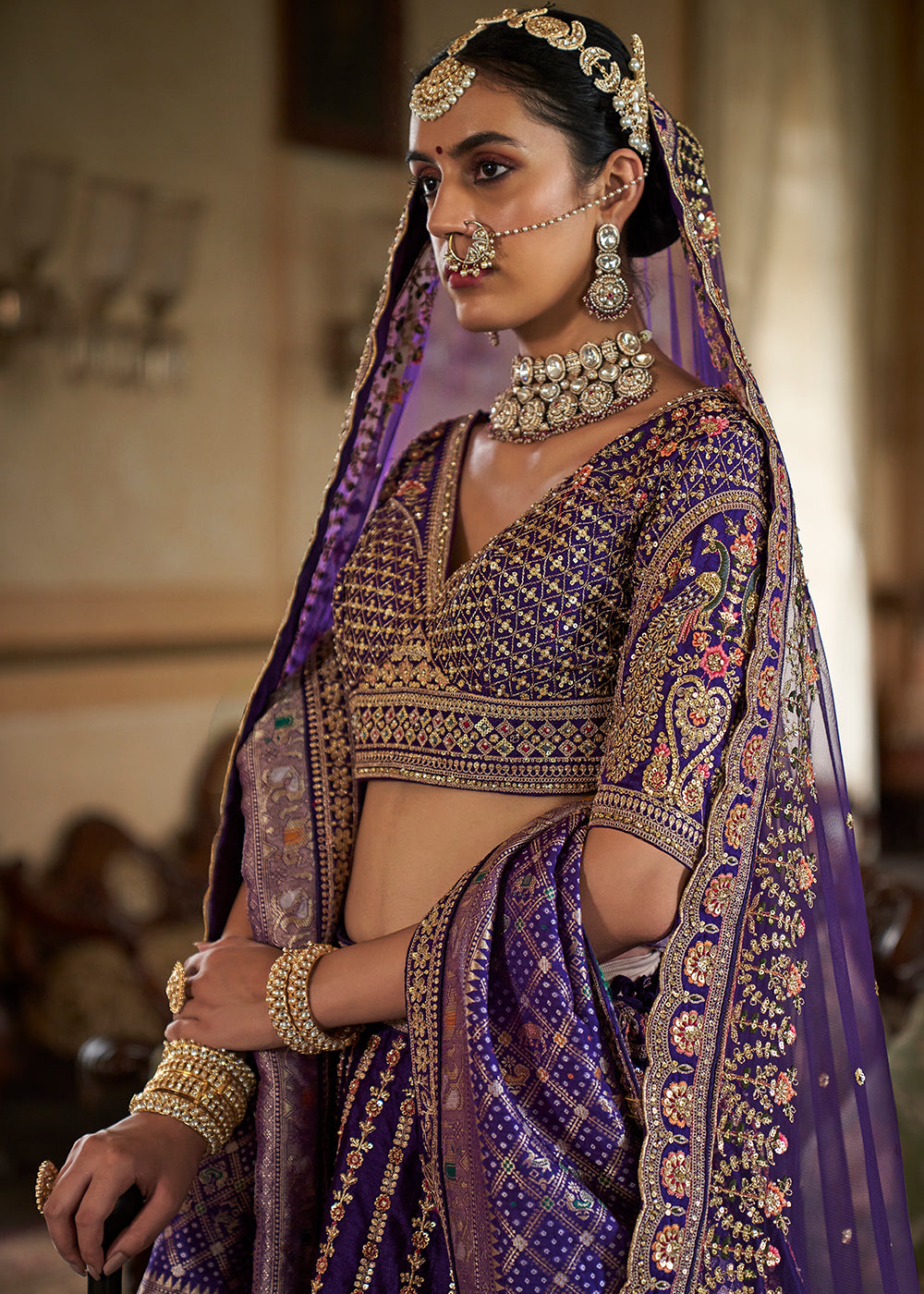 Buy Now Violet Purple Sabyasachi Inspired Bridal Silk Lehenga Choli Online in US, UK, Canada, France, Italy, Germany, Austria, Denmark & Worldwide at Empress.