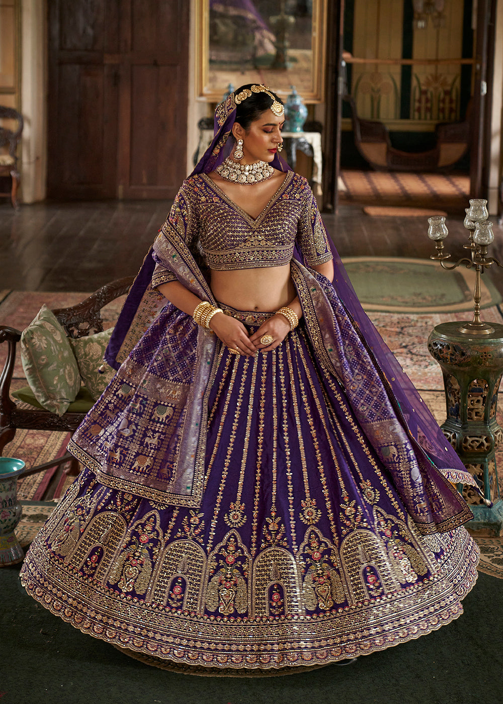 Buy Now Violet Purple Sabyasachi Inspired Bridal Silk Lehenga Choli Online in US, UK, Canada, France, Italy, Germany, Austria, Denmark & Worldwide at Empress.