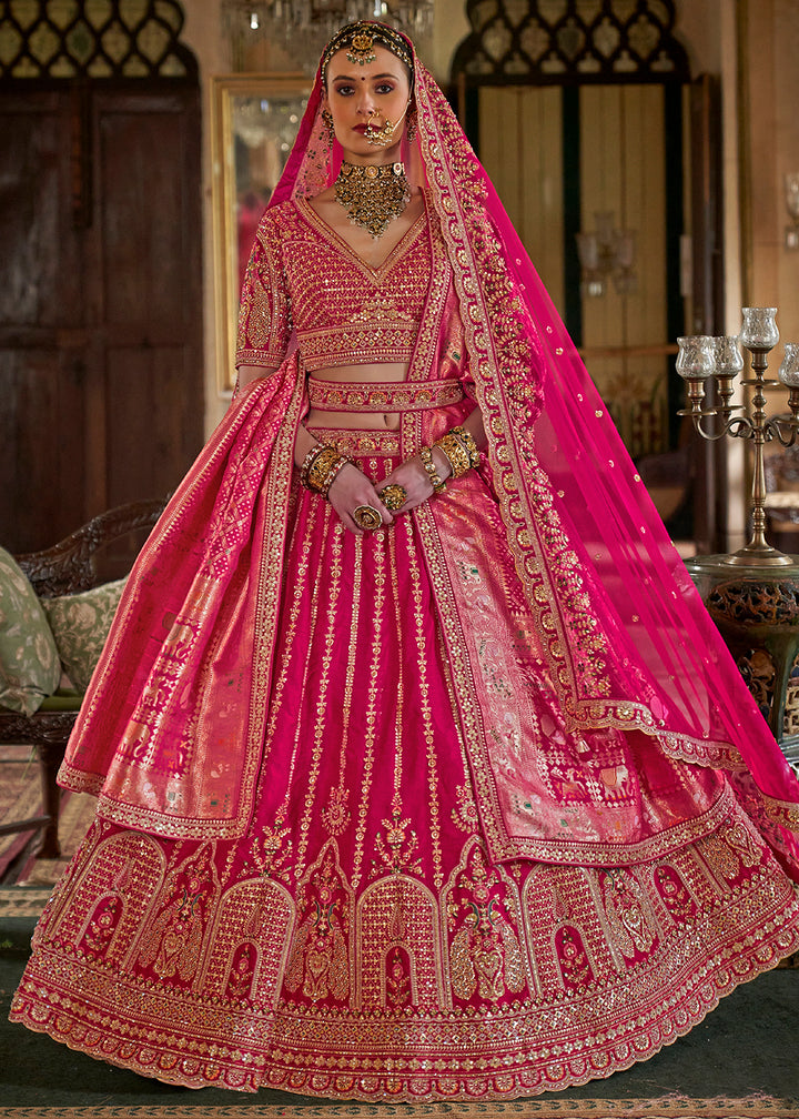 Buy Now Rani Pink Sabyasachi Inspired Bridal Silk Lehenga Choli Online in US, UK, Canada, France, Italy, Germany, Austria, Denmark, UAE & Worldwide at Empress.