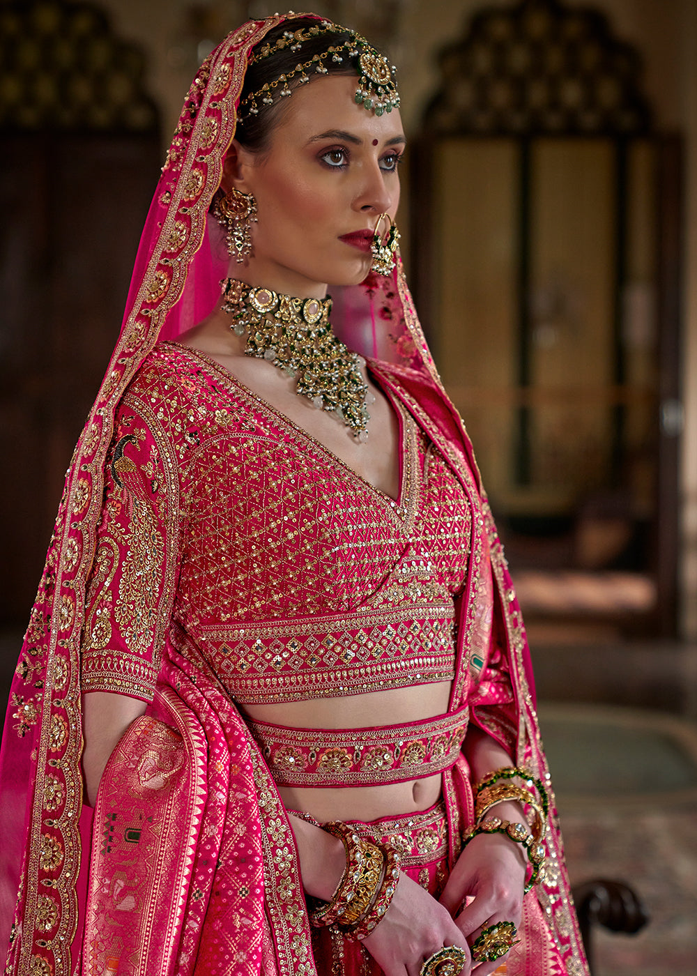 Buy Now Rani Pink Sabyasachi Inspired Bridal Silk Lehenga Choli Online in US, UK, Canada, France, Italy, Germany, Austria, Denmark, UAE & Worldwide at Empress.