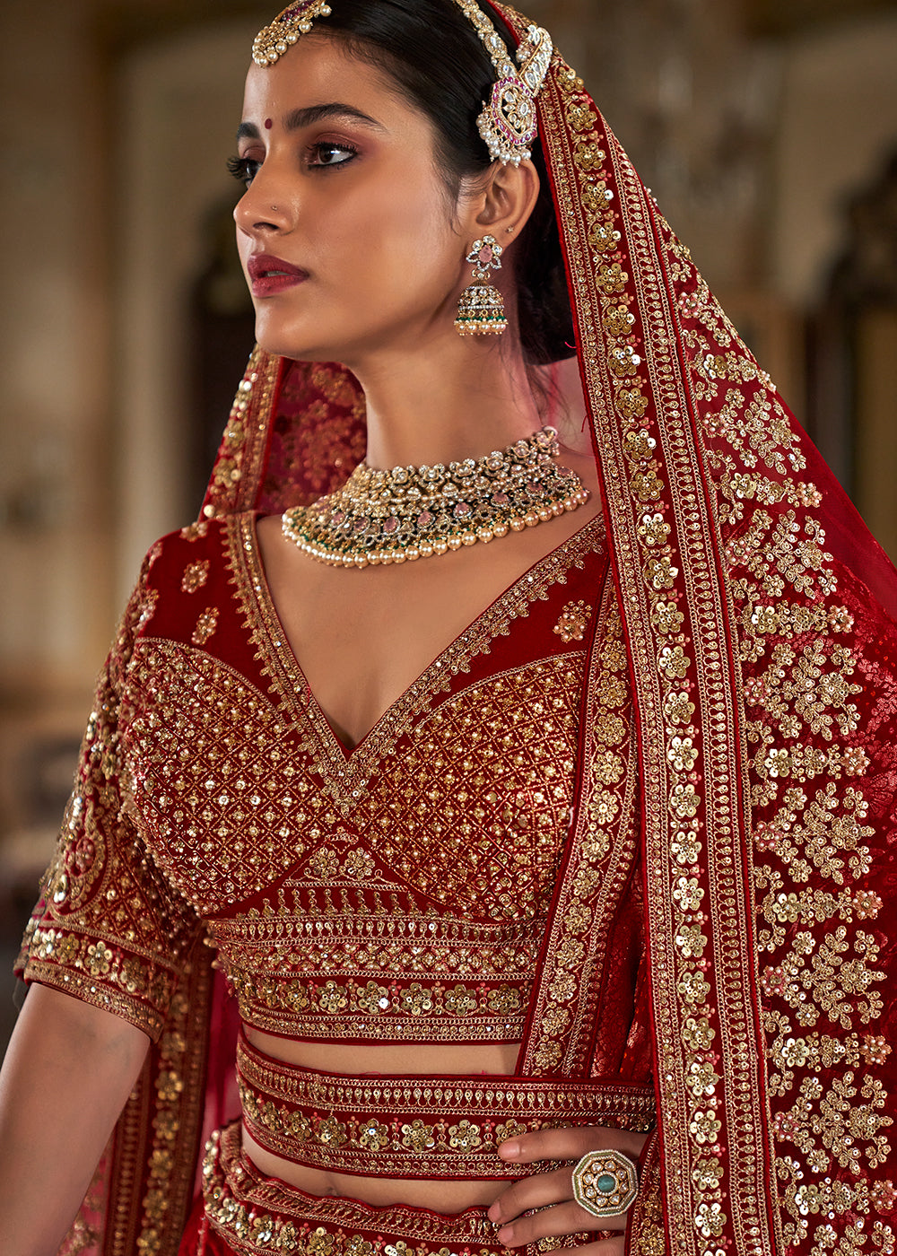 Buy Now Sabyasachi Inspired Cherry Red Bridal Silk Lehenga Choli Online in US, UK, Canada, France, Italy, Germany, Austria, Denmark, UAE & Worldwide at Empress