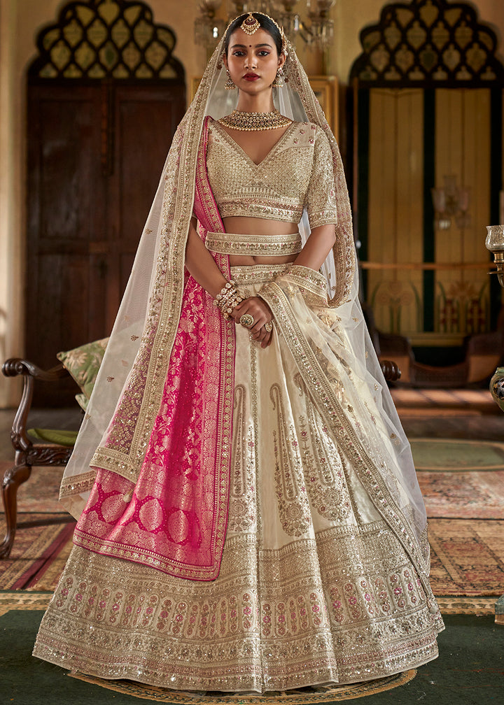 Buy Now Sabyasachi Inspired Pearl White Bridal Silk Lehenga Choli Online in US, UK, Canada, France, Italy, Germany, Austria, Denmark, UAE & Worldwide at Empress