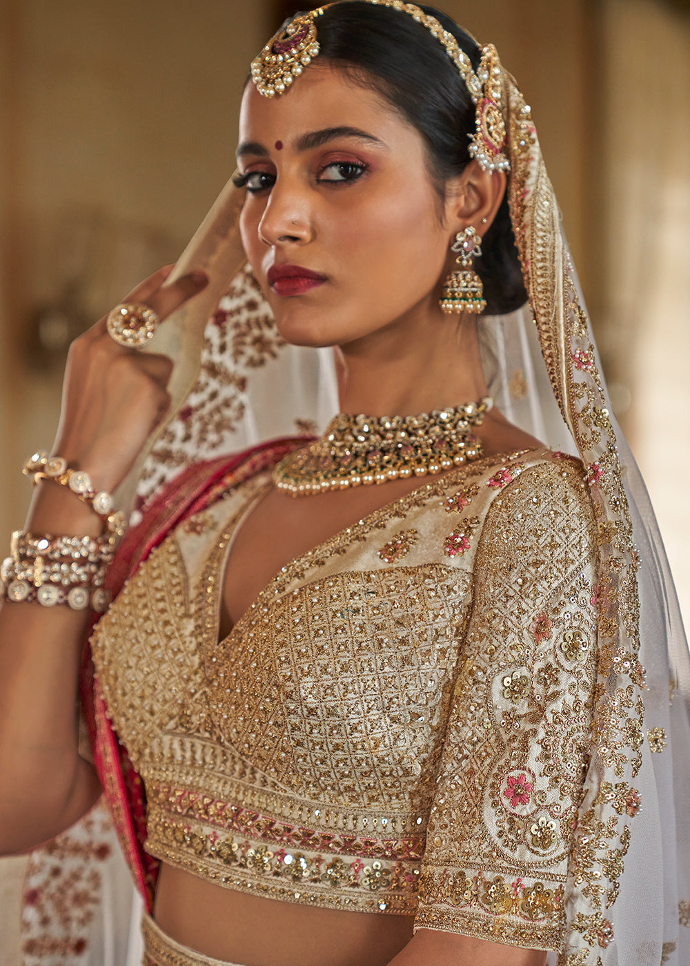Buy Now Sabyasachi Inspired Pearl White Bridal Silk Lehenga Choli Online in US, UK, Canada, France, Italy, Germany, Austria, Denmark, UAE & Worldwide at Empress
