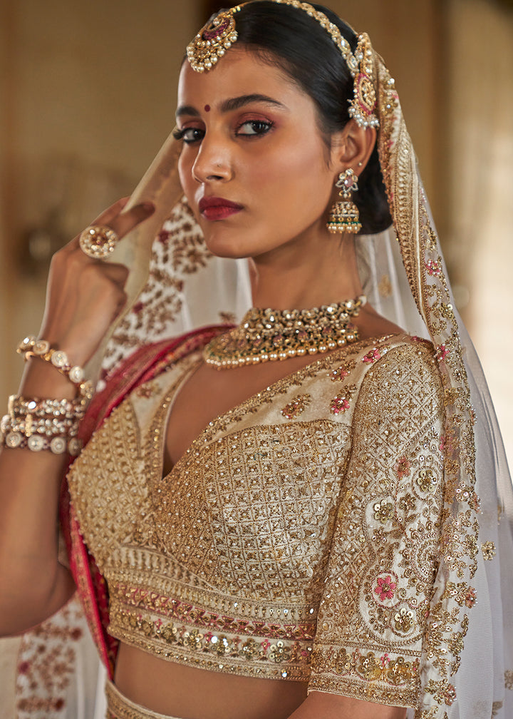 Buy Now Sabyasachi Inspired Pearl White Bridal Silk Lehenga Choli Online in US, UK, Canada, France, Italy, Germany, Austria, Denmark, UAE & Worldwide at Empress