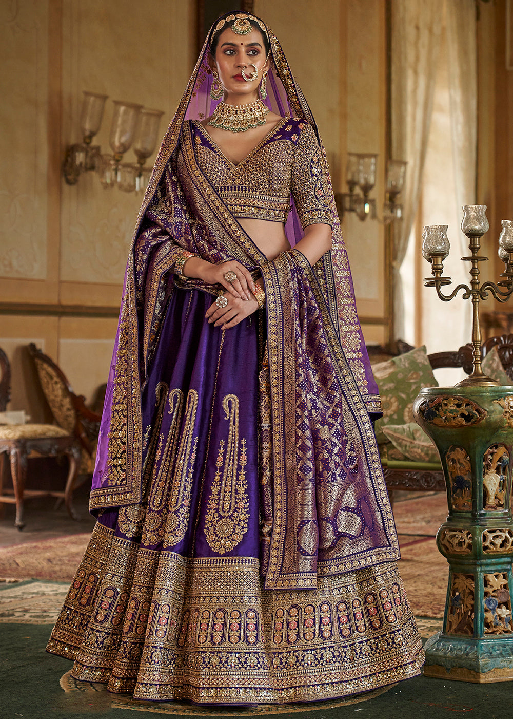 Buy Now Sabyasachi Inspired Violet Purple Bridal Silk Lehenga Choli Online in US, UK, Canada, France, Italy, Germany, Austria, Denmark & Worldwide at Empress.