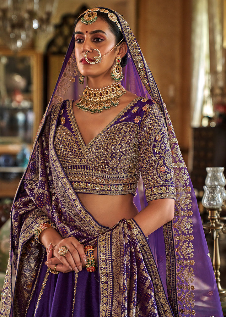 Buy Now Sabyasachi Inspired Violet Purple Bridal Silk Lehenga Choli Online in US, UK, Canada, France, Italy, Germany, Austria, Denmark & Worldwide at Empress.