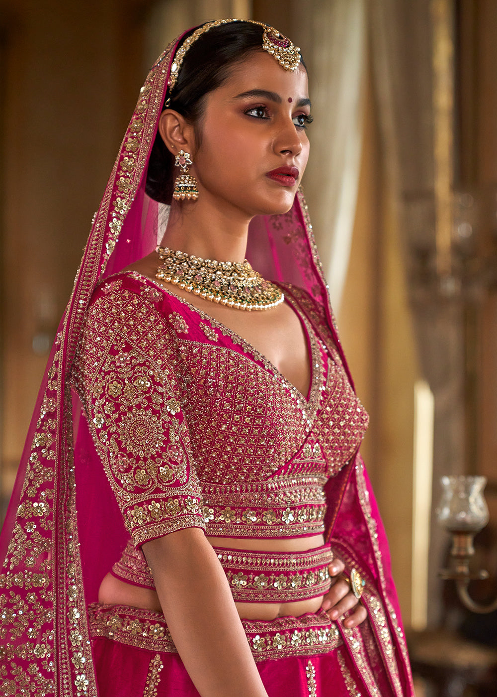 Buy Now Sabyasachi Inspired Rani Pink Bridal Silk Lehenga Choli Online in US, UK, Canada, France, Italy, Germany, Austria, Denmark & Worldwide at Empress.