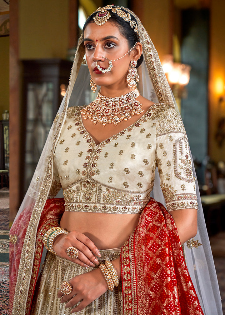 Buy Now Pearl White Bridal Silk Sabyasachi Inspired Lehenga Choli Online in US, UK, Canada, France, Italy, Germany, Austria, Denmark & Worldwide at Empress.