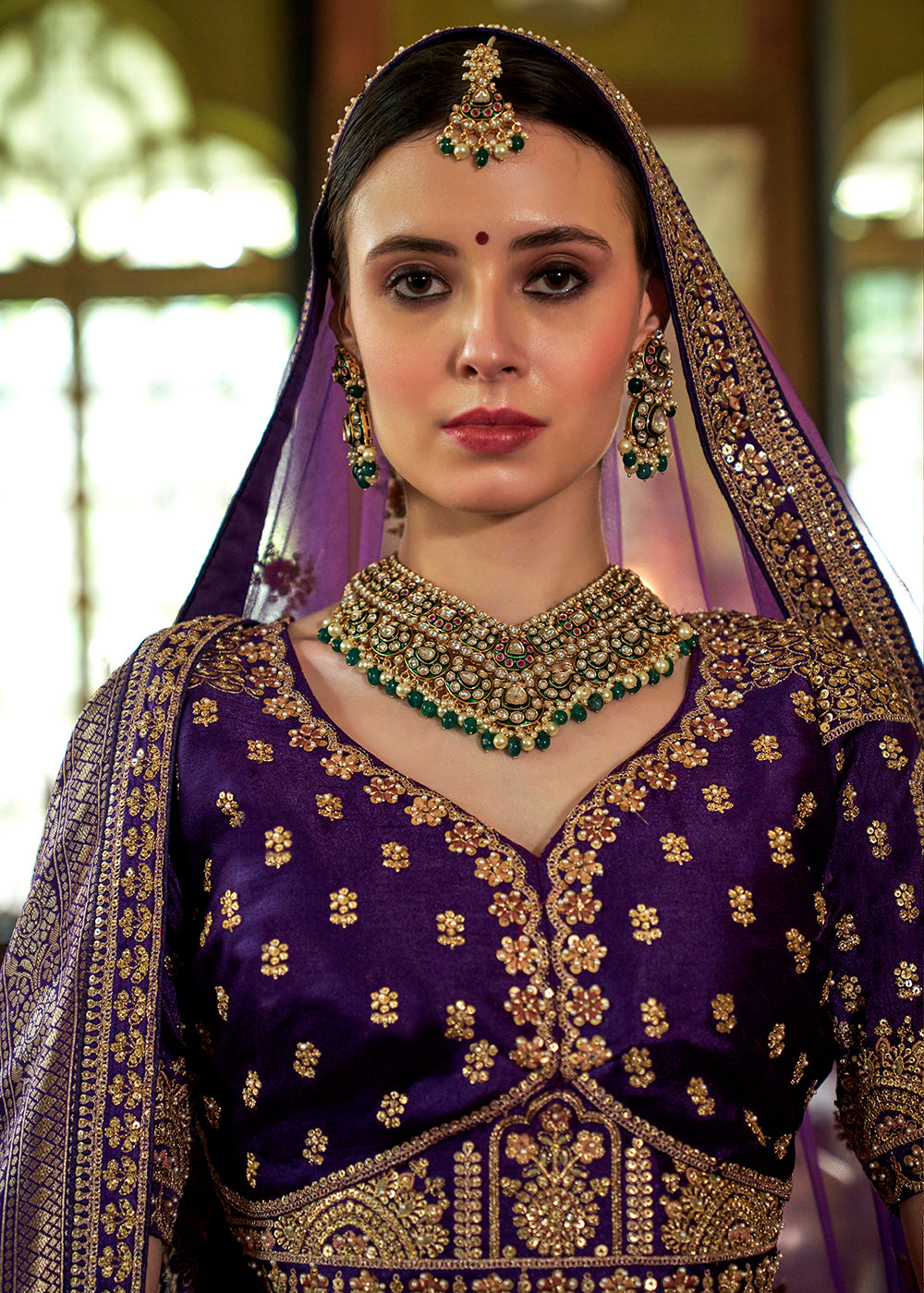 Buy Now Violet Purple Bridal Silk Sabyasachi Inspired Lehenga Choli Online in US, UK, Canada, France, Italy, Germany, Austria, Denmark & Worldwide at Empress.
