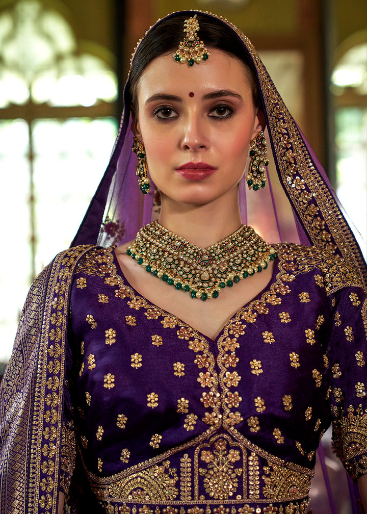 Buy Now Violet Purple Bridal Silk Sabyasachi Inspired Lehenga Choli Online in US, UK, Canada, France, Italy, Germany, Austria, Denmark & Worldwide at Empress.