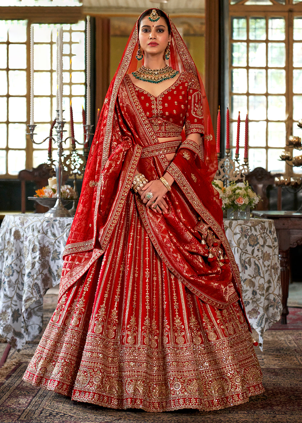 Buy Now Cherry Red Bridal Silk Sabyasachi Inspired Lehenga Choli Online in US, UK, Canada, France, Italy, Germany, Austria, Denmark & Worldwide at Empress.