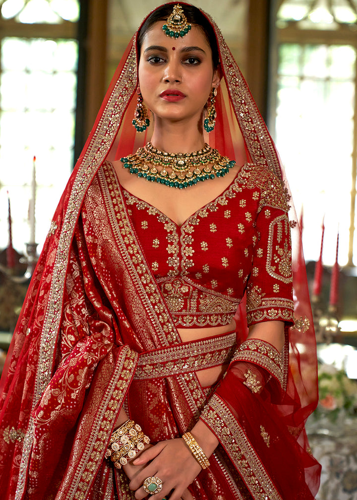 Buy Now Cherry Red Bridal Silk Sabyasachi Inspired Lehenga Choli Online in US, UK, Canada, France, Italy, Germany, Austria, Denmark & Worldwide at Empress.
