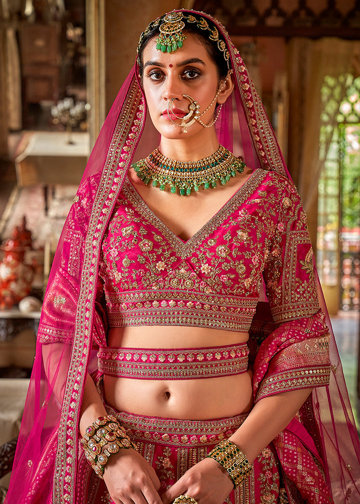 Buy Now Rani Pink Bridal Silk Sabyasachi Inspired Lehenga Choli Online in US, UK, Canada, France, Italy, Germany, Austria, Denmark & Worldwide at Empress.